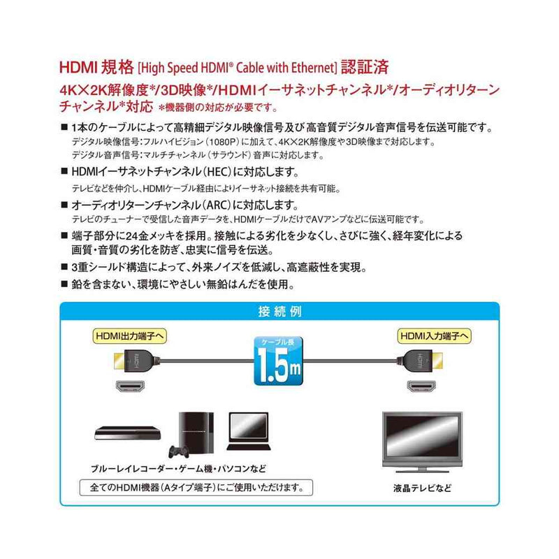 オーム電機 ハイスピードHDMIケーブル