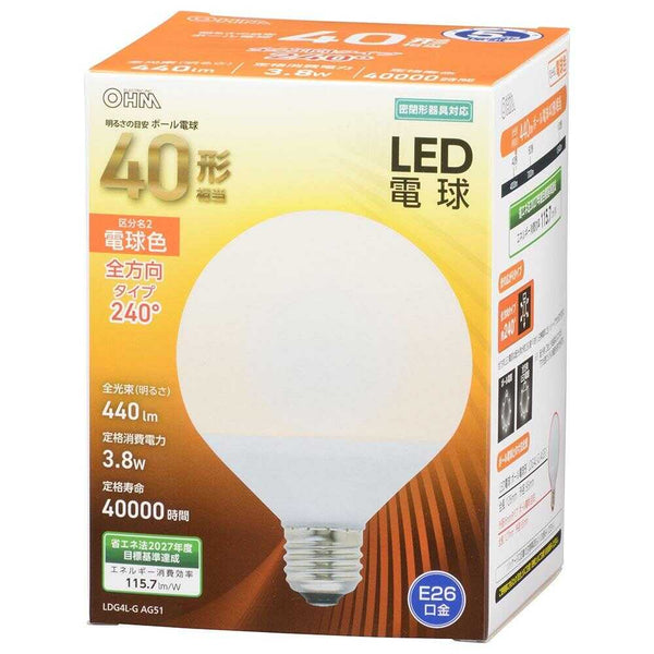 オーム電機 LED電球 ボール電球形 E26 40形相当 1個