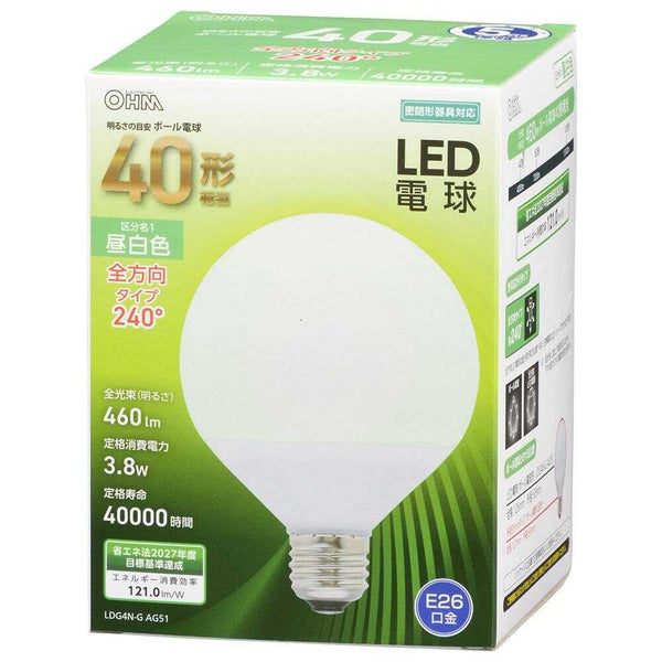 オーム電機 LED電球 ボール電球形 E26 40形相当 1個