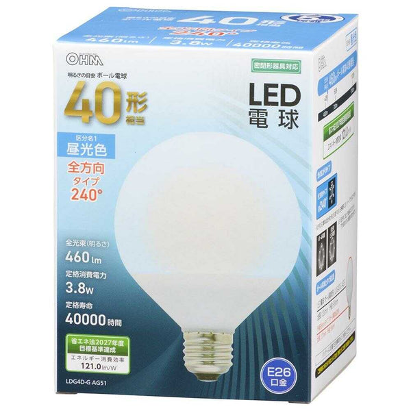 オーム電機 LED電球 ボール電球形 E26 40形相当 1個