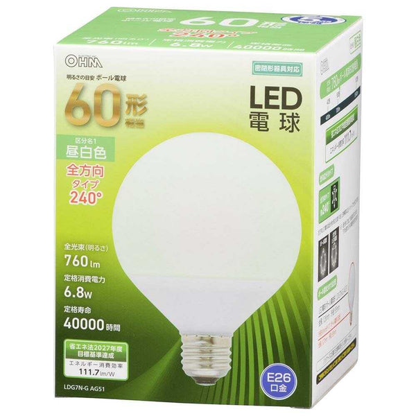 オーム電機 LED電球 ボール電球形 E26 60形相当 1個