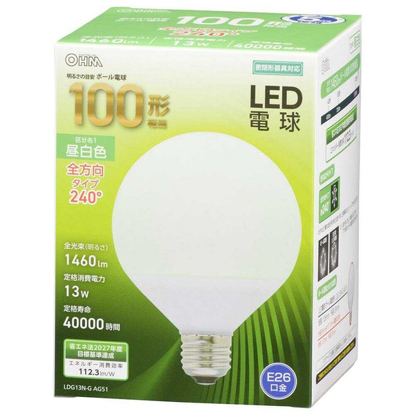 オーム電機 LED電球 ボール電球形 E26 100形相当 1個