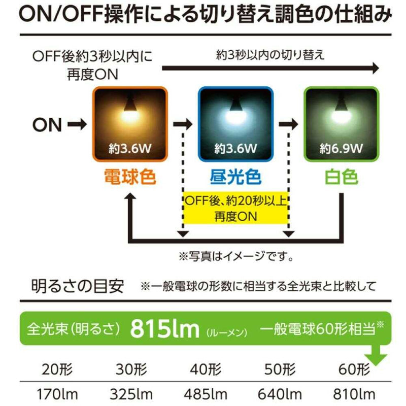 オーム電機 LED電球 E26 60形相当 3段階調色 1個