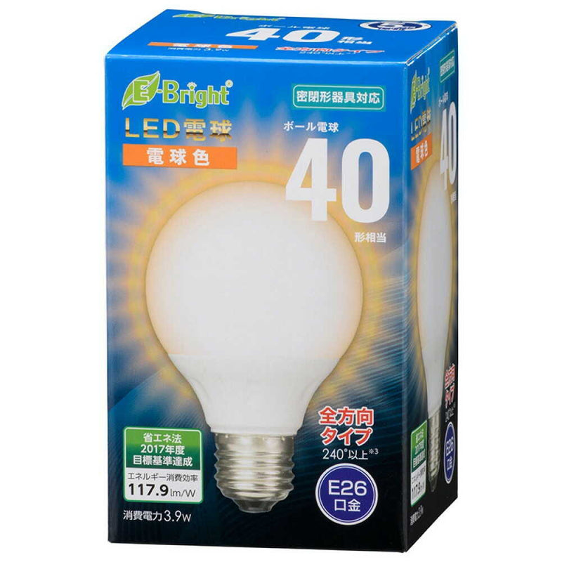 オーム電機 LED電球 ボール電球形 E26 40形相当 電球色