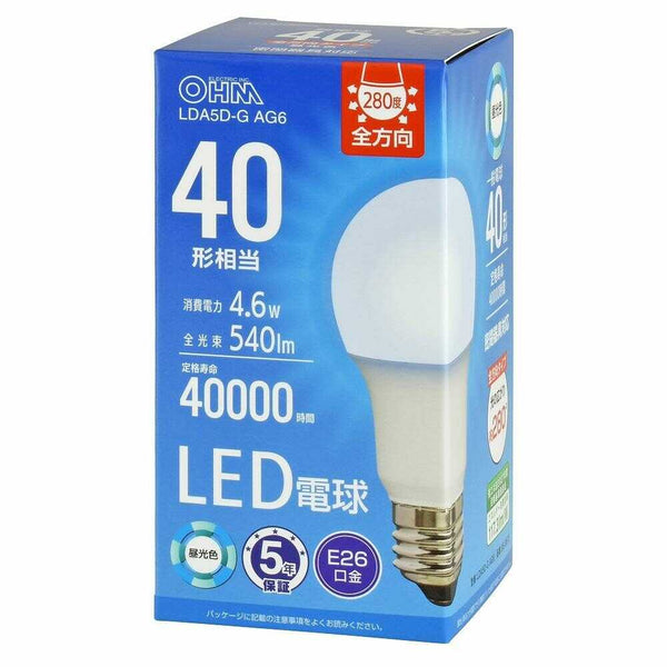 オーム電機 LED電球 E26 40形相当 1個