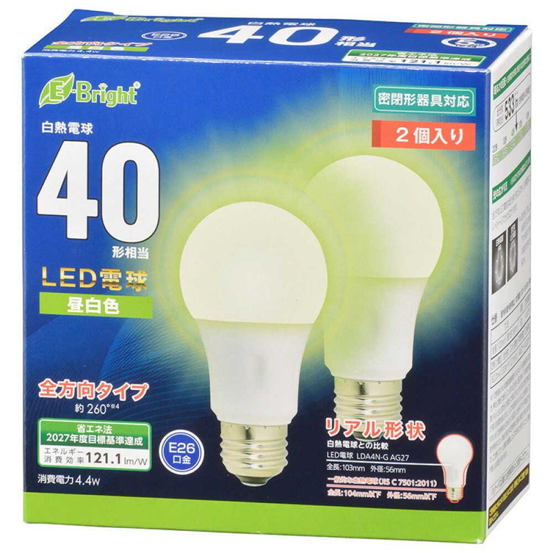 オーム電機 LED電球 E26 40形相当 昼白色 2個入