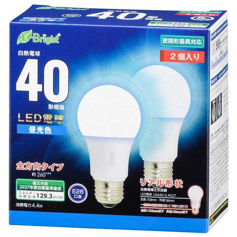 オーム電機 LED電球 E26 40形相当 2個入