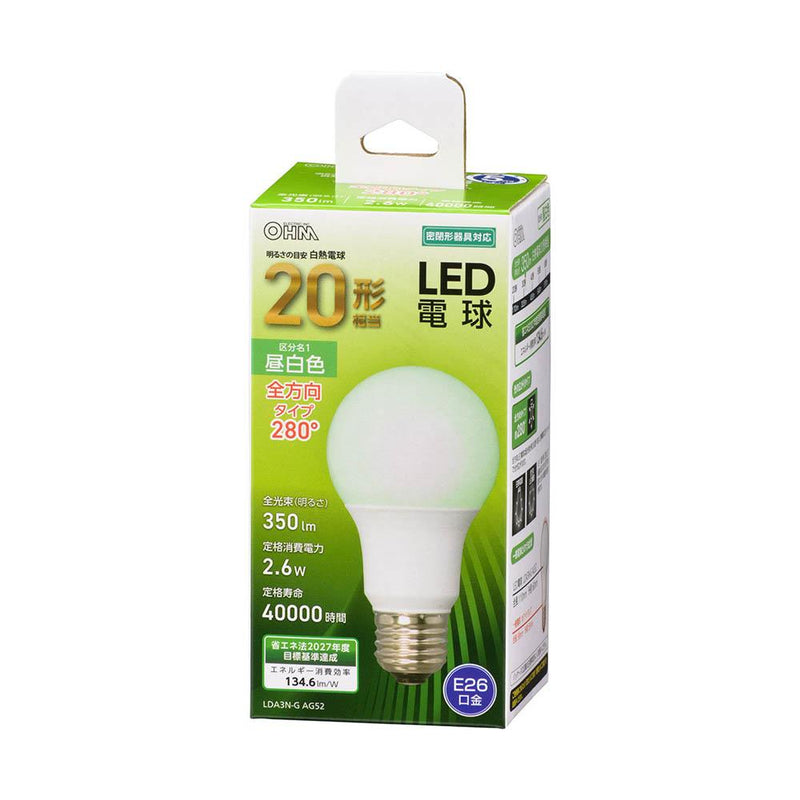 オーム電機 LED電球 E26 20形相当 1個