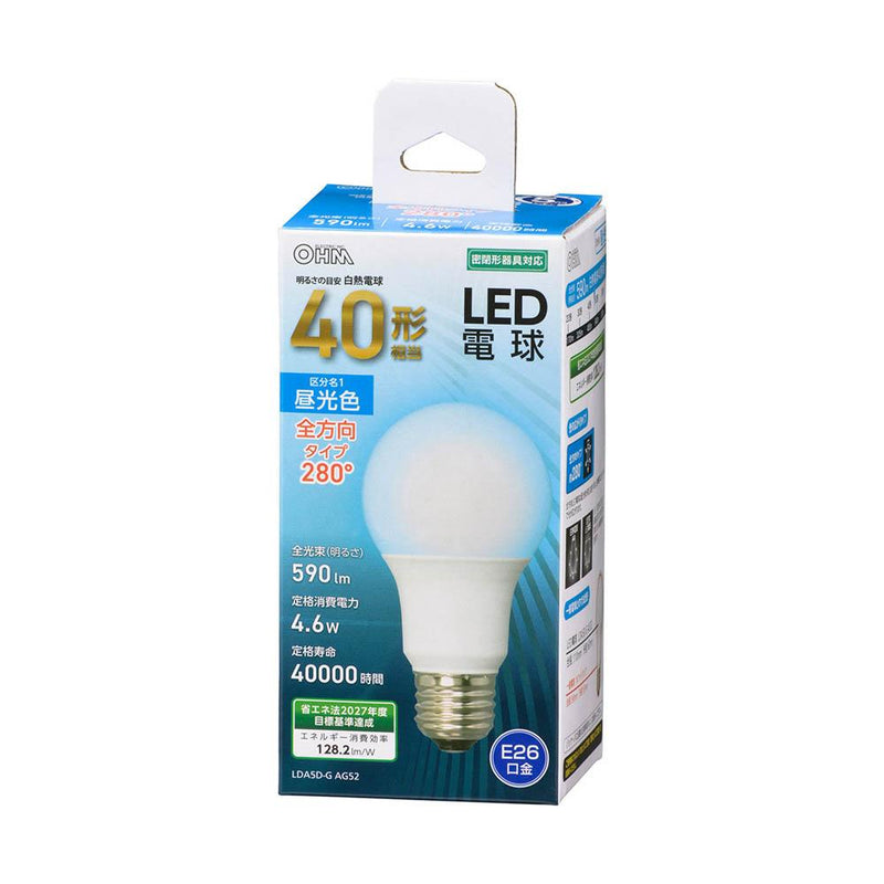 オーム電機 LED電球 E26 40形相当 1個