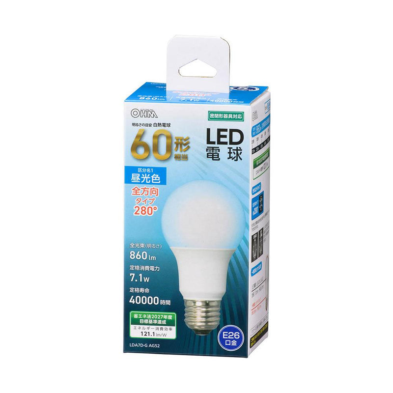 オーム電機 LED電球 E26 60形相当 1個
