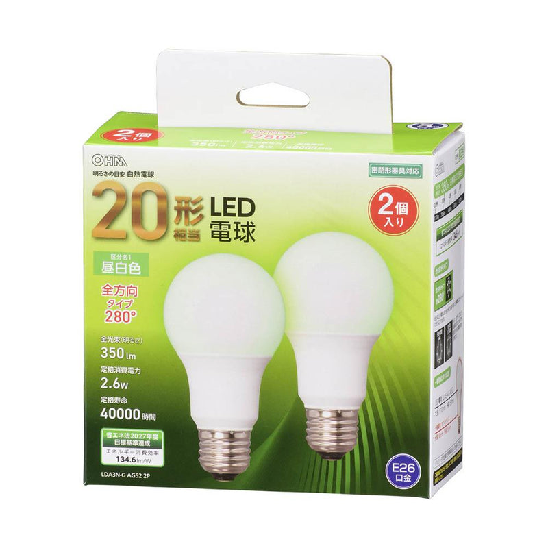 オーム電機 LED電球 E26 20形相当 全方向 2個