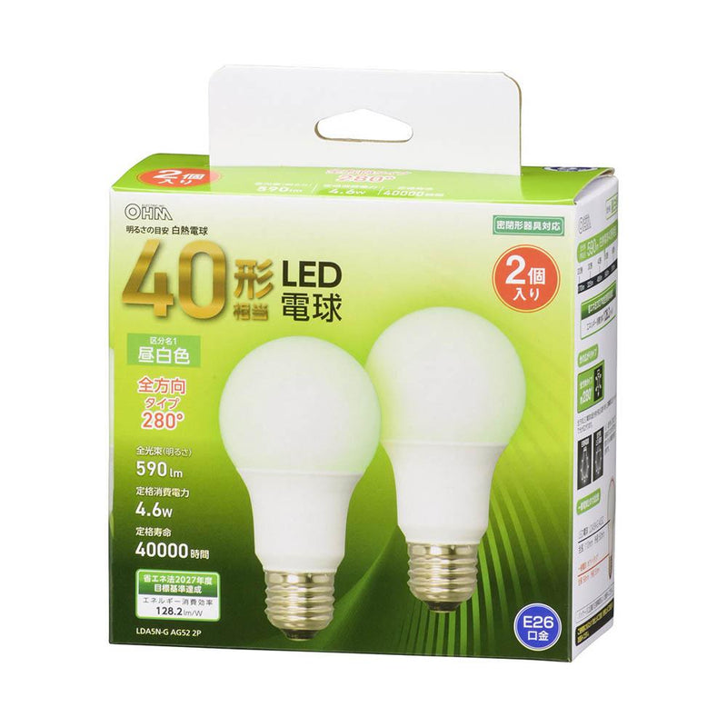 オーム電機 LED電球 E26 40形相当 全方向 2個