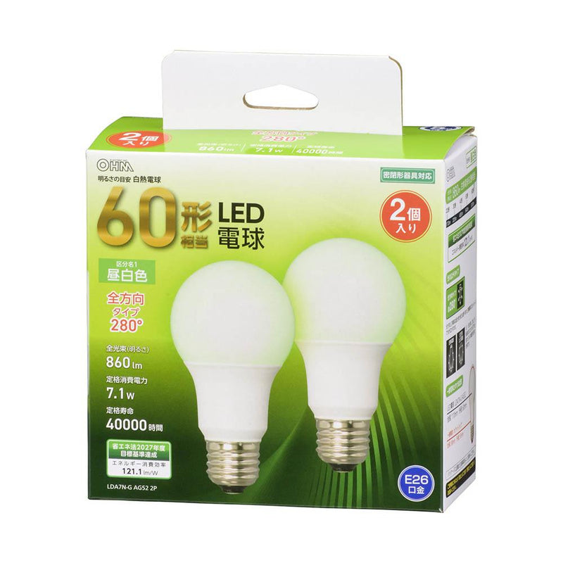 オーム電機 LED電球 E26 60形相当 全方向 2個