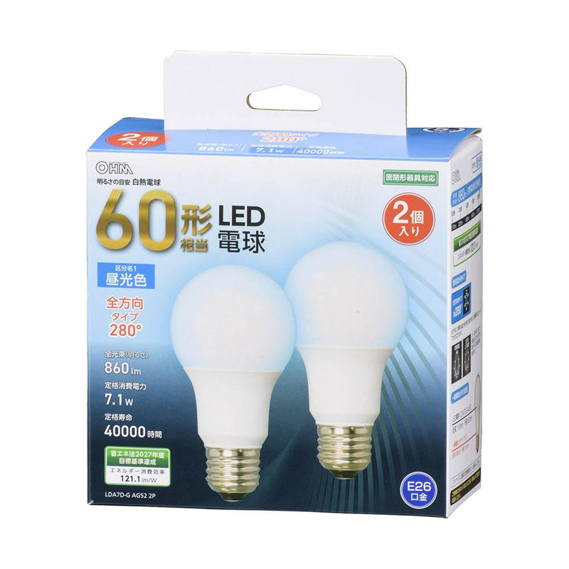 オーム電機  LED電球 E26 60形相当 全方向 2個