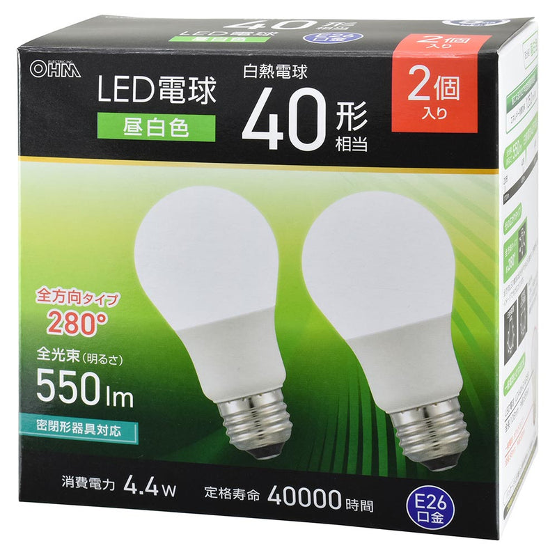 オーム電機 LED電球 40形相当 2個入