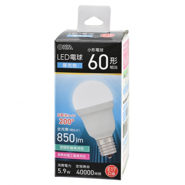 オーム電機 LED電球小形 60形相当 昼光色 1個