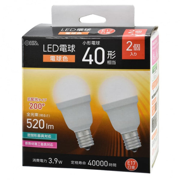 オーム電機 LED電球小形 40形 2個入