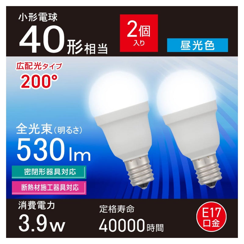 オーム電機 LED電球小形 40形 2個入