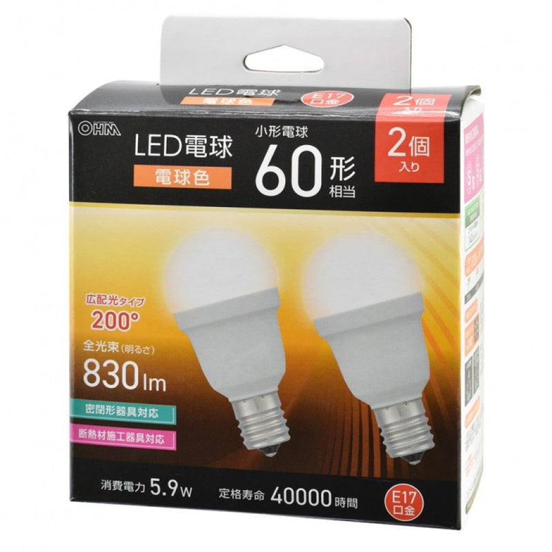 オーム電機 LED電球小形 60形 2個入