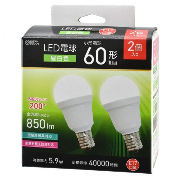 オーム電機 LED電球小形 60形 2個入