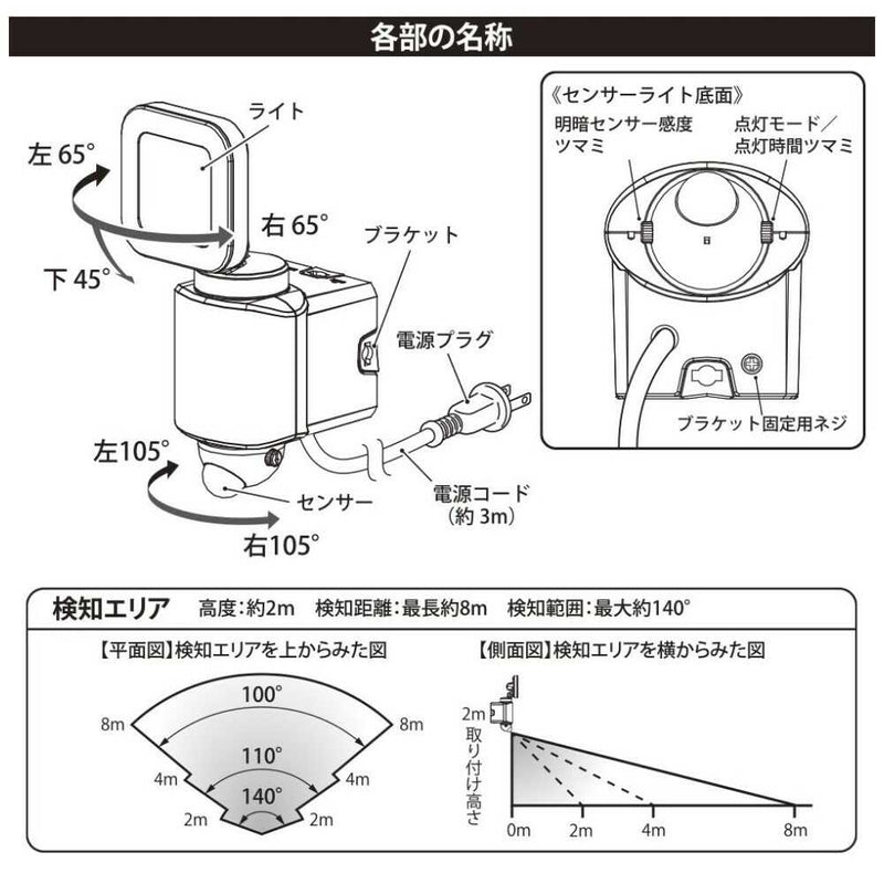 オーム電機 monban防犯センサーライト 1灯コンセント式