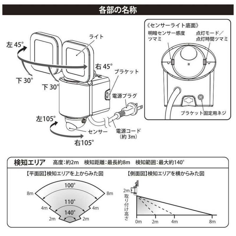 オーム電機 monban防犯センサーライト 2灯コンセント式