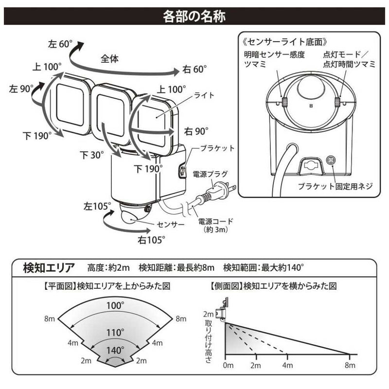 オーム電機 monban防犯センサーライト 3灯コンセント式