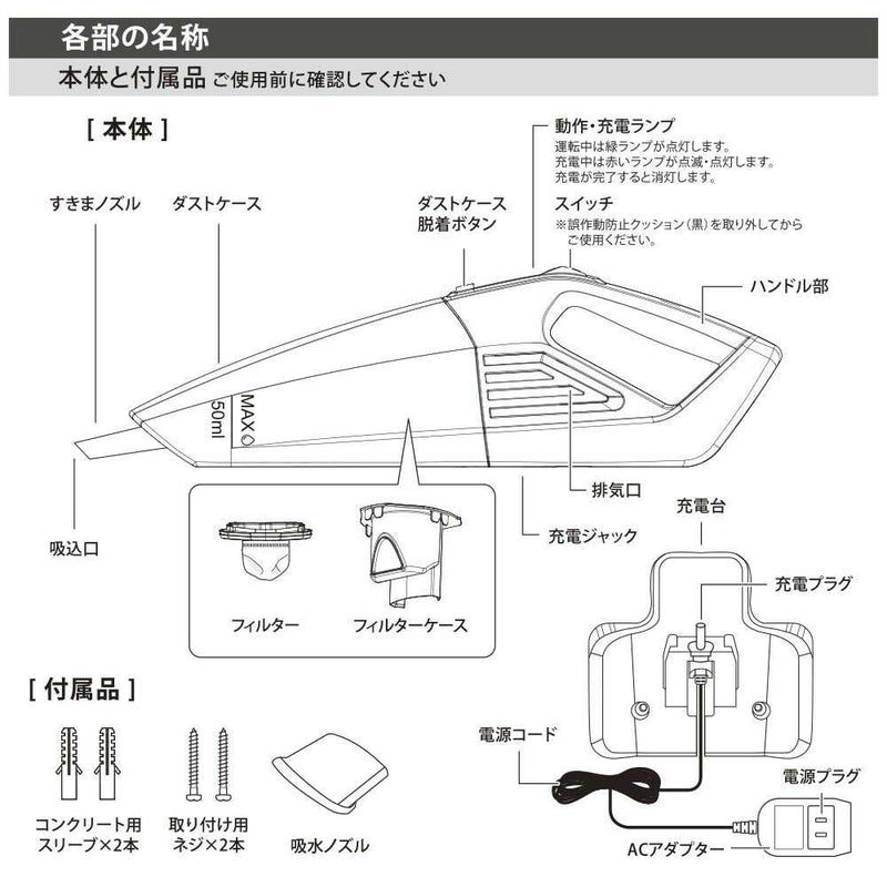 オーム電機 充電式ハンディークリーナー WET＋DRY
