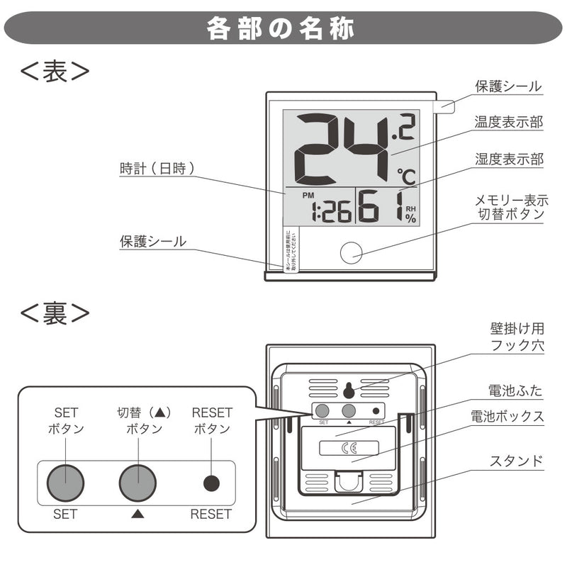 オーム電機 温度が見やすい温湿度計 時計機能付き