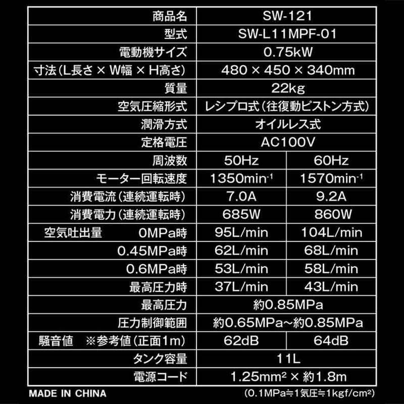 エアコンプレッサSW-121 SW-L11MPF-01 メーカー直送 ▼返品・キャンセル不可【他商品との同時購入不可】