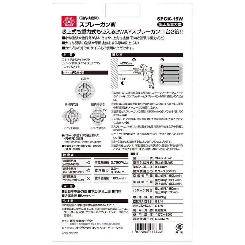 スプレーガンW 吸上&重力 SPGK-15W メーカー直送 ▼返品・キャンセル不可【他商品との同時購入不可】