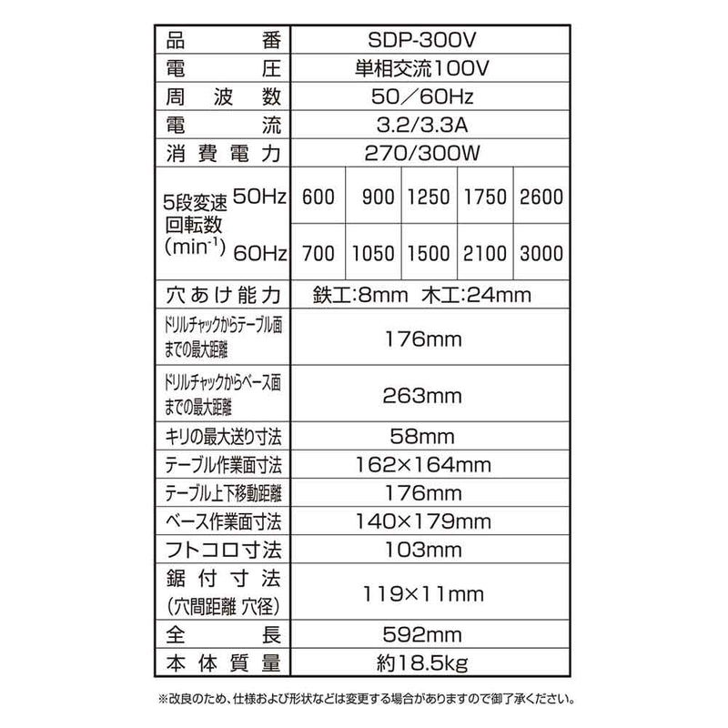 卓上ボール盤 300W SDP-300V メーカー直送 ▼返品・キャンセル不可【他商品との同時購入不可】