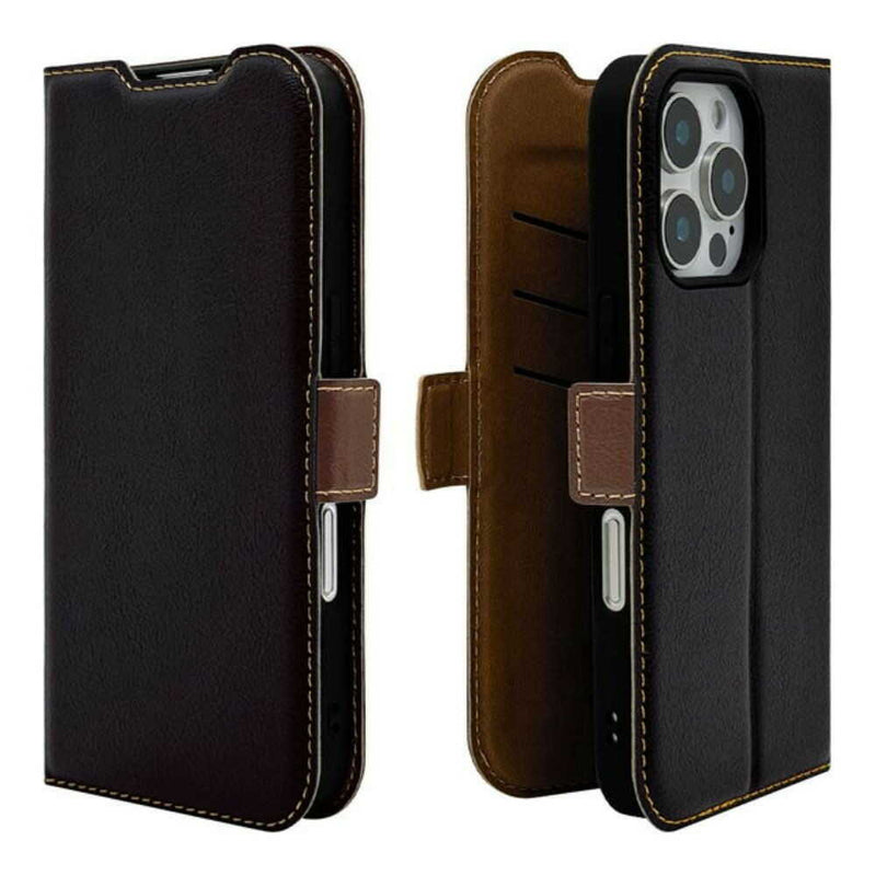 テレホンリース iPhone16Pro 手帳型カバー 薄型 slim Fit ブラック×ブラウン