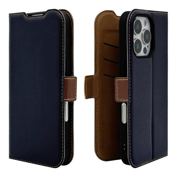 テレホンリース iPhone16Pro 手帳型カバー 薄型 slim Fit ネイビー×ブラウン
