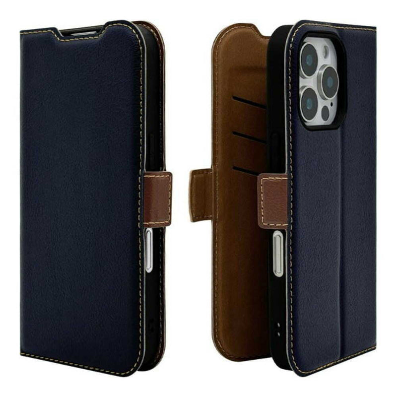 テレホンリース iPhone16Pro 手帳型カバー 薄型 slim Fit ネイビー×ブラウン
