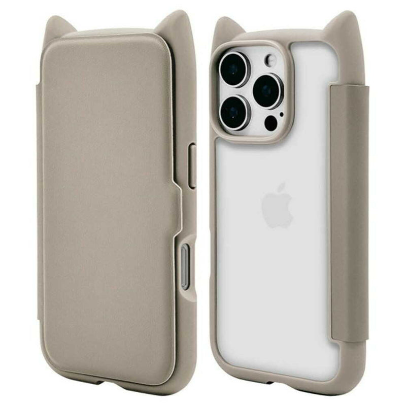 テレホンリース iPhone16Pro 手帳型ケース MIL規格 背面クリア カード入れ トープ
